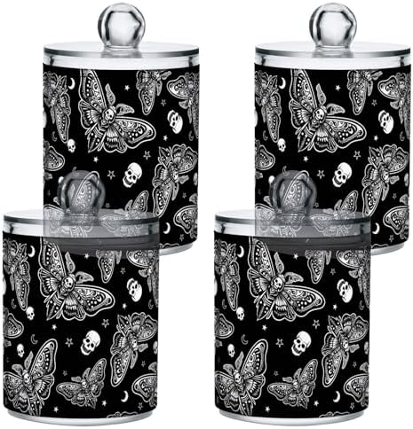 MNSRUU 4 Pack Qtip Holder Organizer Dispenser Moth Skull Moon Esoteric Bathroom Containers Bathroom Vanity Storage Canister Apothecary Jars for Cotton Swabs/Pads/Floss