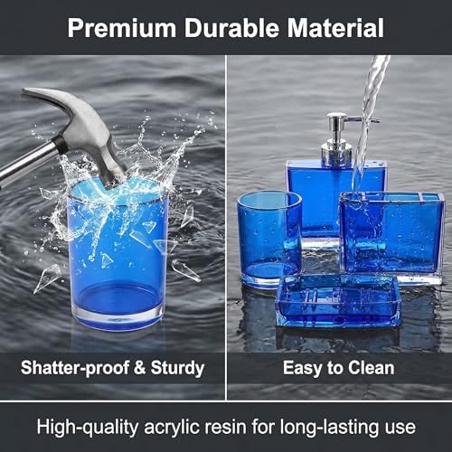 Bathroom Accessories Set, Acrylic Bathroom Accessory Set with Soap Dispenser,Soap Dish, Toothbrush Holder, Tumbler, Modern Bathroom Accessories Decor,Gift for Home (Blue-5)