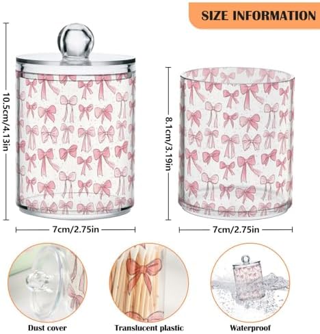 Gredecor 4 Pack Qtip Holder Clear Aesthetic Pink Ribbon Bow Doodle Apothecary Jars with Lids Acrylic Bathroom Jars Vanity Countertop Canister Storage Organizer for Cotton Ball,Swabs,Pads,Floss