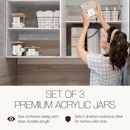 3 Pack Acrylic Laundry Room Organization Containers with Gold & Wood Knobs – Laundry Pods Container & Detergent Organizer Set | Clear Laundry Jars | Scoops & Customizable Labels | Storage Canisters