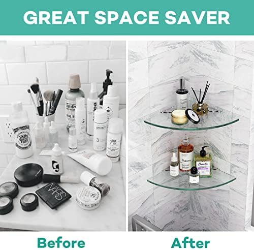 Glass Corner Shelf for Bathroom Corner Shower Shelf Tempered Glass Shelf Shower Organizer Shampoo Holder No Drilling Shower Caddy Corner for Inside Shower 9.4" R