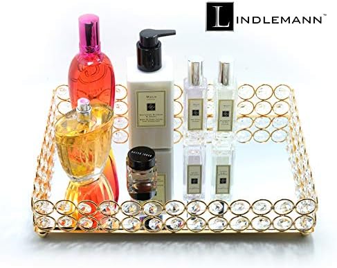 Decorative Tray Metal Mirrored Vanity Trays Crystal Ornate Perfume Jewelry Makeup Dish Dresser Countertop Organizer for Home Decoration & Holiday Party (Rectangle, 12x9in, Gold)