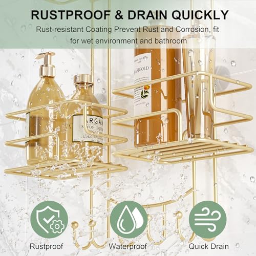 SRIWATANA Shower Caddy Hanging, Shower Organizer with Razor Hooks, Gold