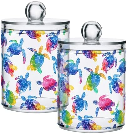 ALAZA 4pcs Multicolor Watercolor Sea Turtle Qtip Holder Dispenser 14 oz Bathroom Storage Clear Apothecary Jars Containers Cotton Ball,Cotton Rounds,Floss Picks, Hair Clips, Food