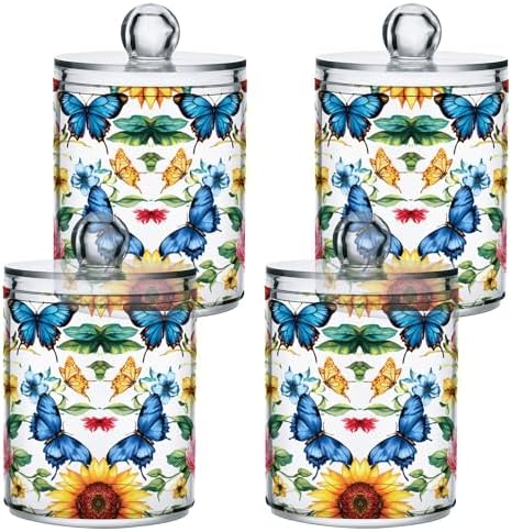 MNSRUU 2 Pack Qtip Holder Organizer Dispenser Sunflowers Peonies and Butterflies Bathroom Storage Canister Cotton Ball Holder Bathroom Containers for Cotton Swabs/Pads/Floss