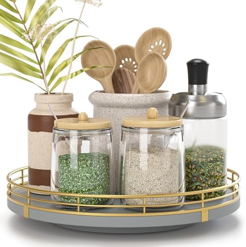 Oroyutor 9-Inch Gray Lazy Susan Spice Organizer for Cabinet with Gold Rail