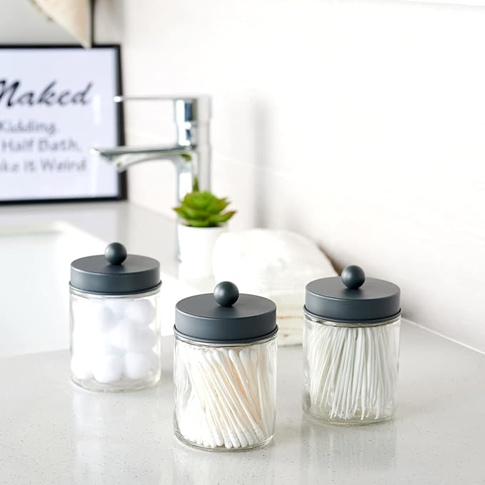 Amolliar 6 Pack Apothecary Jars Bathroom Organizer - Rustic Farmhouse Decor Qtip Holder with Stainless Steel Lids - Glass Bathroom Storage Canisters for Cotton Swabs, Rounds, Balls, Flossers (Grey)