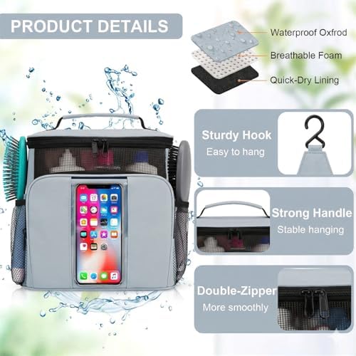 BAIMAY Dorm Room Essentials for Guys, Quick Dry Mesh Shower Caddy, Travel Toiletry Bag for Men and Women-Grey