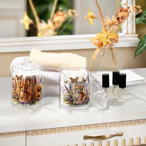 MNSRUU 4 Pack Qtip Holder Organizer Dispenser Cute Ginger Kitten and Flowers Pink Bathroom Storage Canister Cotton Ball Holder Bathroom Containers for Cotton Swabs/Pads/Floss
