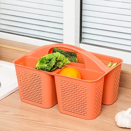 Plastic Portable Shower Caddy Basket with Handle, 3 Compartments, Orange