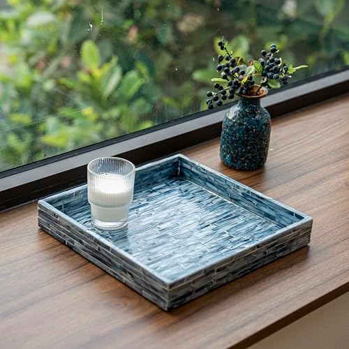 PEMAR Mother of Pearl Decorative Tray, 11x11 Square Blue Mosaic Tray