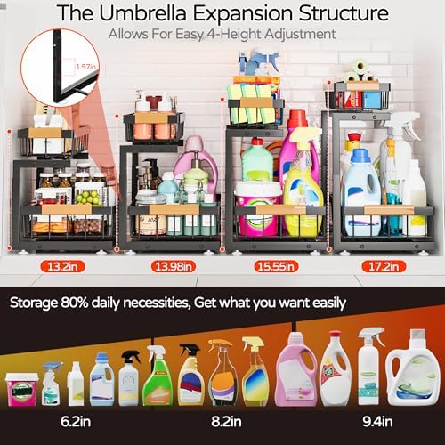 ADBIU Under Sink Organizer, 2 Pack 2 Tier Expandable Height (13.2" - 17.2") Pull out Kitchen Bathroom Cabinet Organizers and Storage Shelf