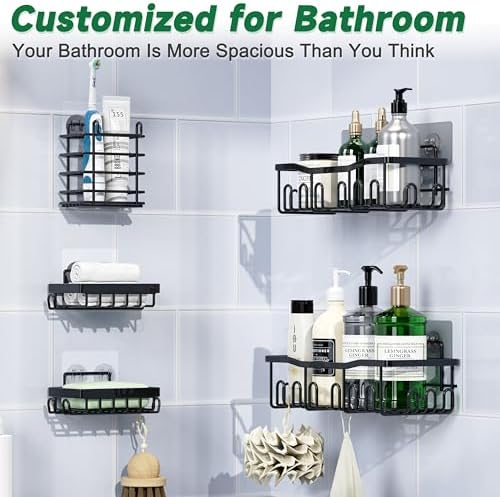 Shower Caddy 5 Pack Rustproof Stainless Steel Bath Organizers With Large Capacity, No Drilling Shelves, Adhesive Shower Caddy, for Bathroom Storage & Home Decor, SC02, Black