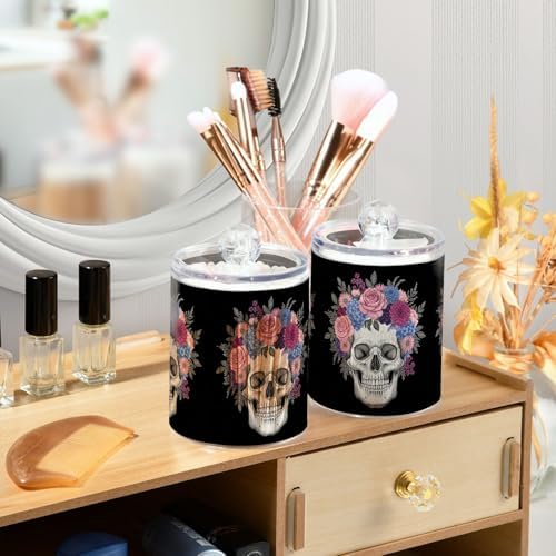MNSRUU 4 Pack Qtip Holder Organizer Dispenser Skull and Flowers Bathroom Containers Bathroom Vanity Storage Canister Apothecary Jars for Cotton Swabs/Pads/Floss
