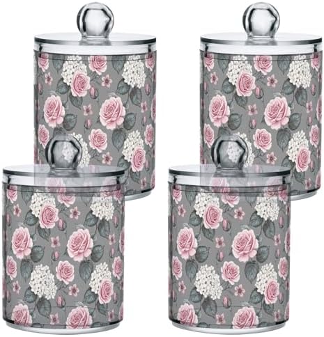 MNSRUU 2 Pack Qtip Holder Organizer Dispenser Pink Roses Vintage Bathroom Storage Canister Cotton Ball Holder Bathroom Containers for Cotton Swabs/Pads/Floss