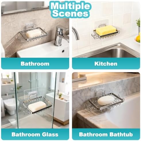 White Silver Soap Dish for Shower 2 Pack, Suction Cup Square Shower Soap Holder - 304 Stainless Steel Silver Soap Saver - Comfortable Essential for Apartment, Home and Dormitory