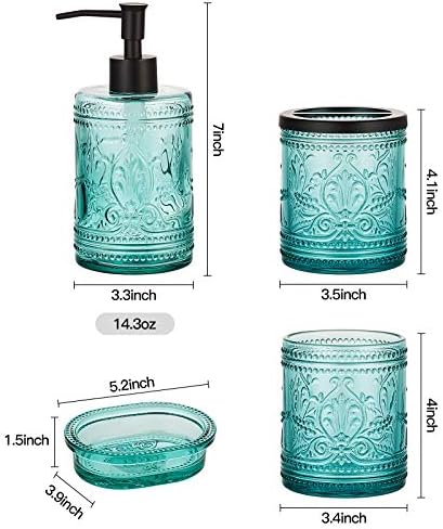 4PCs Teal Blue Glass Bathroom Accessories Set with Decorative Pressed Pattern - Includes Hand Soap Dispenser & Tumbler & Soap Dish & Toothbrush Holder (Bathroom Accessories Blue)