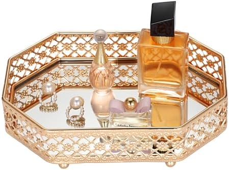 Hipiwe Gold Vanity Perfume Tray for Dresser, Glass & Hollow Carved Metal