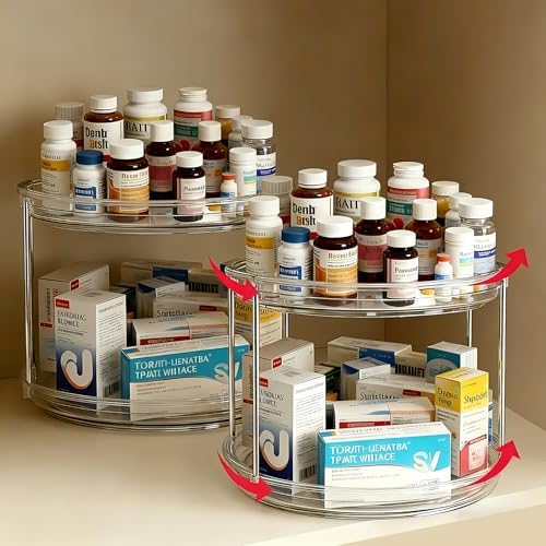 2 Pack Medicine Cabinet Organizer, Rotary Turntable Organizer for Medicine and Vitamin Bottles, Under Sink Organizer for Medicine, Bathroom Cabinet Storage, Easy Assembly, Transparent Clear