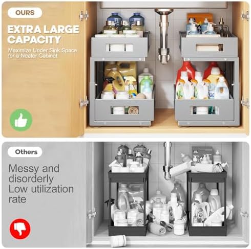 2 Packs 17IN Depth Under Sink Organizer, 2-Tier Pull Out Cabinet Organizer With Smooth Circular Rail, Large Capacity Metal Mesh Sliding Drawers For Bathroom& Kitchen Storage,Height Adjustable–Gun Gray