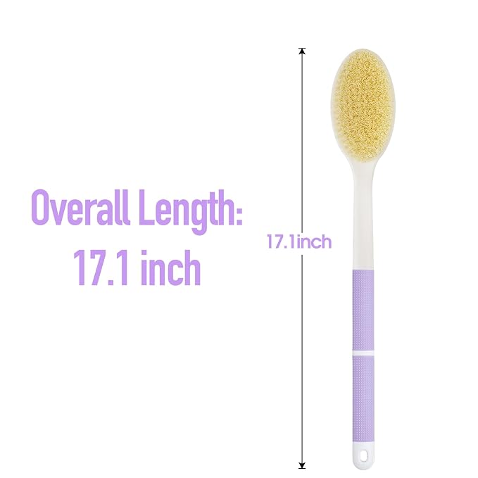 Back Scrubber Anti Slip for Shower, Long Handle Bath Brush with Stiff and Soft Bristles for Exfoliation, Dual-Use Shower and Dry Body Brush(Purple)