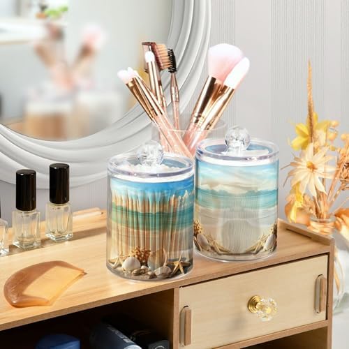 Mnsruu 2 Pack Qtip Holder Organizer Dispenser Beach Scene with Starfish Shells Bathroom Storage Canister Cotton Ball Holder Bathroom Containers for Cotton Swabs/Pads/Floss