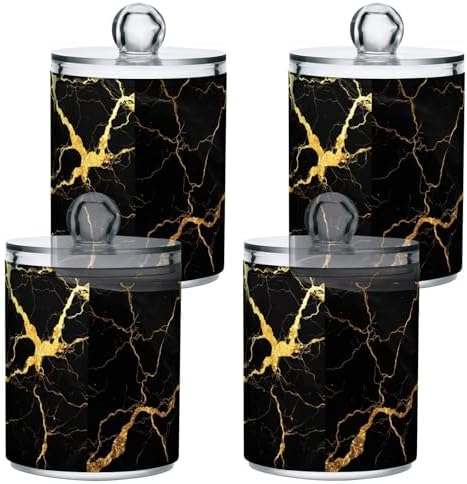 Gredecor Qtip Holder Dispenser 2 Pack Gold Black Marbling Bathroom Decorative Storage Canister Holder Counter Vanity Organizer for Cotton Ball Swabs Pads Floss