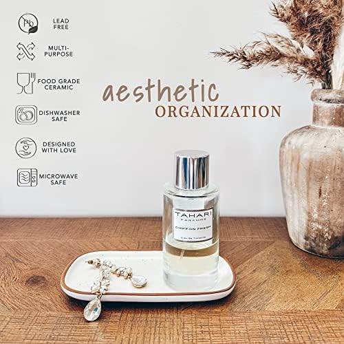 Mora Ceramic Decorative Tray - Rectangle 6.4in Dish for Jewelry, Perfume, Makeup, Accessories, Candle, in the Bathroom Vanity, Bedside, or Kitchen Counter. Cute Organizers - White