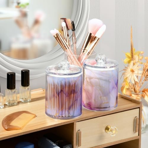 2 Pack Qtip Holder Dispenser with Lids, Watercolor Gold Blue Marble Plastic Storage Containers,Bathroom Canisters Organizer for Cotton Ball, Cotton Swab, Cotton Round Pads, Floss 21215355