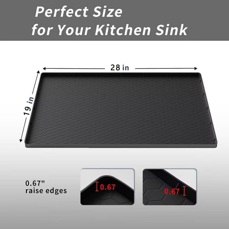 Under Kitchen Sink Mat 28" x 19", SAZTEAY Waterproof Silicone Under Sink Tray, Under Sink Protector Mat for Bathroom and Kitchen Cabinets(Black)