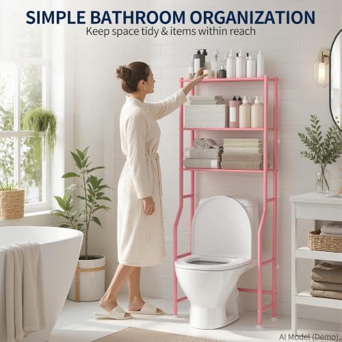 GloTika 3-Tier Over Toilet Storage, Anti-Wobble, Pink