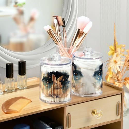 MNSRUU 2 Pack Qtip Holder Organizer Dispenser Animal Rabbit Pink Bathroom Storage Canister Cotton Ball Holder Bathroom Containers for Cotton Swabs/Pads/Floss