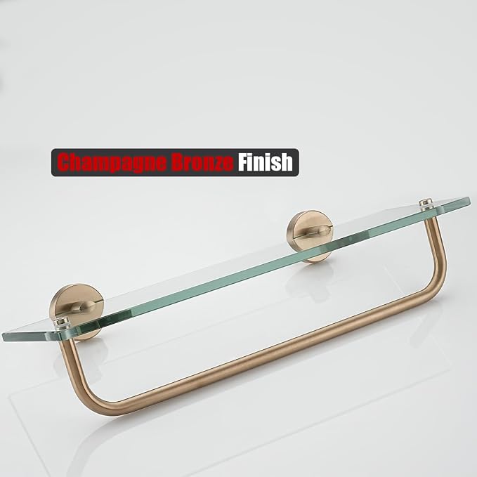 JQK Bathroom Glass Shelf, Shelf with 15 Inch Towel Bar Tempered Glass Shower Storage 16 by 5 inches, 304 Stainless Steel Champagne Bronze Wall Mount, TGS100L16-CB