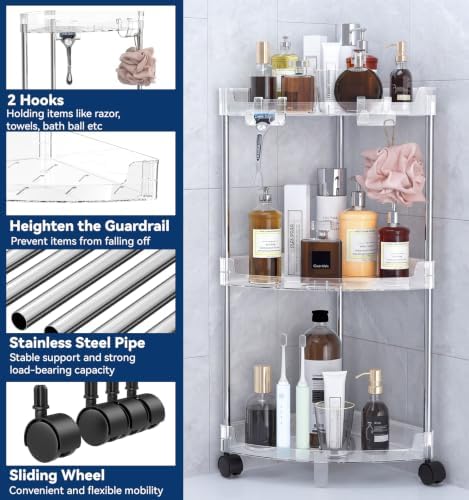 Corner Shower Caddy Standing 3-Tier Shower Organizer with Hooks