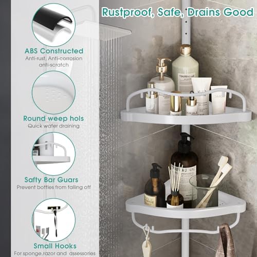 Corner Shower Caddy:125" Adjustable Inside Tension Shower Organizer Tension Pole,Rustproof Bathroom Organizer Shelves for Bathtub Shampoo Conditioner Storage,Floor to Ceiling Standing Showering Rack