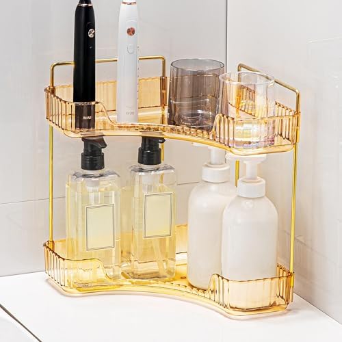 Corner Bathroom Counter Organizer Bathroom Countertop Shelf Makeup Organizer for Vanity Perfume Tray for Corner Storage (2 Tiers, Gold)