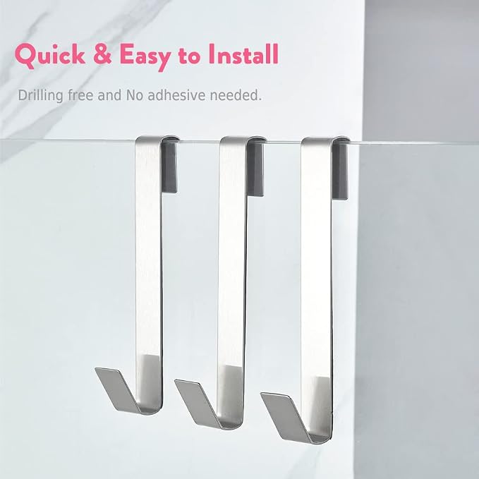 Extended Shower Door Hooks 6.5 Inch, Over Shower Door Hook for Bathroom, Towel Hooks, Suit for Frameless Glass Shower Door 0.39" (10 mm) Stainless Steel Brushed, 3 Pack