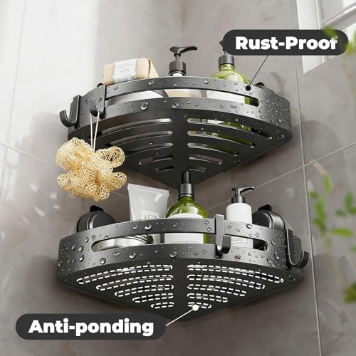 Corner Shower Caddy Suction Cup,Shower Shelves with Hooks,No Drilling Powerful Upgrade Suction Bathroom Corner Organizers and Storage,Removable Waterproof Rustproof Shower Shelf Bathroom Decor(1)