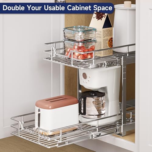 2-Tier Pull Out Cabinet Organizer, 11.5" W x 21.5" D, Heavy Duty Dual Slide Out Shelves for Narrow Base Cabinets, Chrome Wire Basket Drawer for Spices, Bottles & Snacks