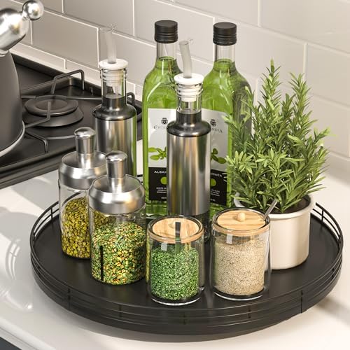 Oroyutor 13-Inch Oak Lazy Susan Spice Organizer, Black Finish