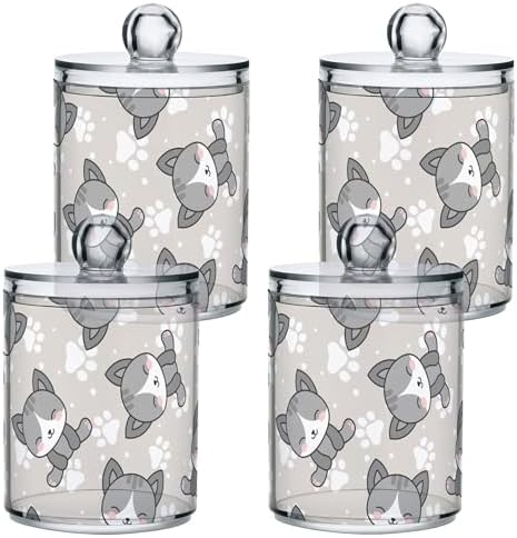 Cat Animal Cartoon 4 Pack Plastic Qtips Holder Bathroom Organizer Canisters for Cotton Balls/Swabs/Pads/Floss,Plastic Apothecary Jars for Vanity