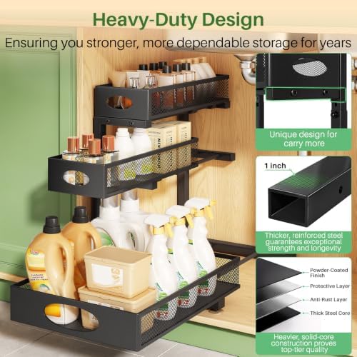 Kitstorack Under Sink Organizer 3-Tier Slide Out Drawer 1-Pack Black