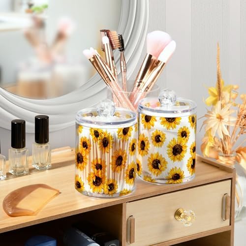 2 Pack Plastic Qtips Holder Sunflower Bathroom Organizer Canisters for Cotton Balls/Swabs/Pads/Floss,Plastic Apothecary Jars for Vanity