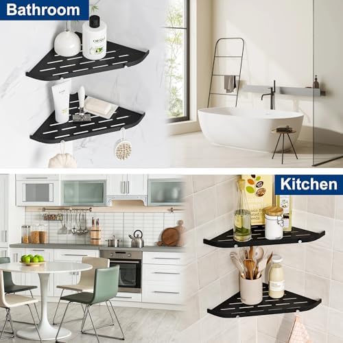Qeke Corner Shower Shelf, 9" Corner Shower Caddy, SUS304 Stainless Steel Shower Organizer Wall Mount Corner Shelf with 2 Hooks for Bathroom, Dorm and Kitchen, Matte Black (2 Pack)