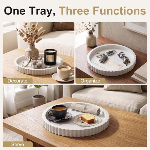 FGU 2 Pack Round Wood Decorative Trays for Coffee Table Home Decor, White