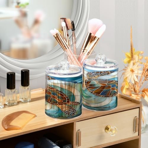 ALAZA Sea Turtle Abstract 4 Pack Qtip Holder Dispenser for Cotton Swabs, Balls, Pads, Floss 10 oz Plastic Canister Organizer