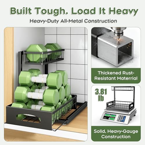 Under Sink Organizer, 1-Pack L-Shaped Metal Pull-Out Drawers for Kitchen