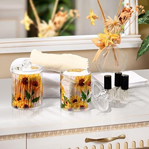 2 Pack Sunflower Qtip Holder Dispenser with Lid, 14 oz Clear Plastic Apothecary Jar Set for Bathroom Vanity Organizers Storage Containers