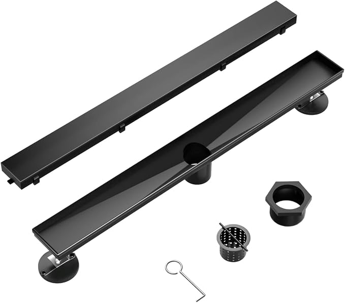 BARONAGE 28 Inch Linear Shower Drain, Rectangle Shower Floor Drain with 2-in-1 Flat & Tile Insert Cover, 304 Stainless Steel Bathroom Drains with Hair Catcher and Leveling Feet (Matte Black)