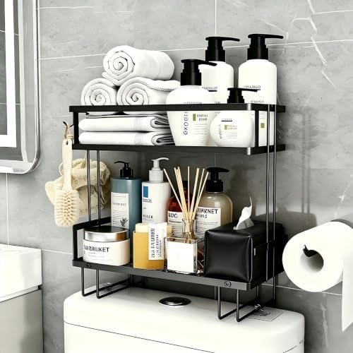 Over The Toilet Storage Rack - Bathroom Organizer Shelf, 2-Tier Floating Shelves with Hooks, No-Drill, Toilet Paper Holder for Restroom Bathroom Vanity Kitchen (Black)